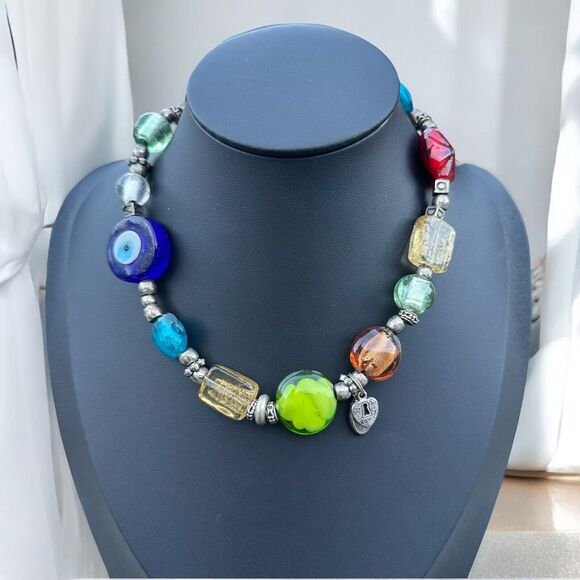 Evil Eye Art Glass Lampwork Beaded Charm Necklace Choker Vintage Jewelry 15” - Picture 1 of 6